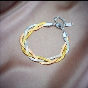 Silver Gold And Rose Gold Crossover Snake Chain Bracelet